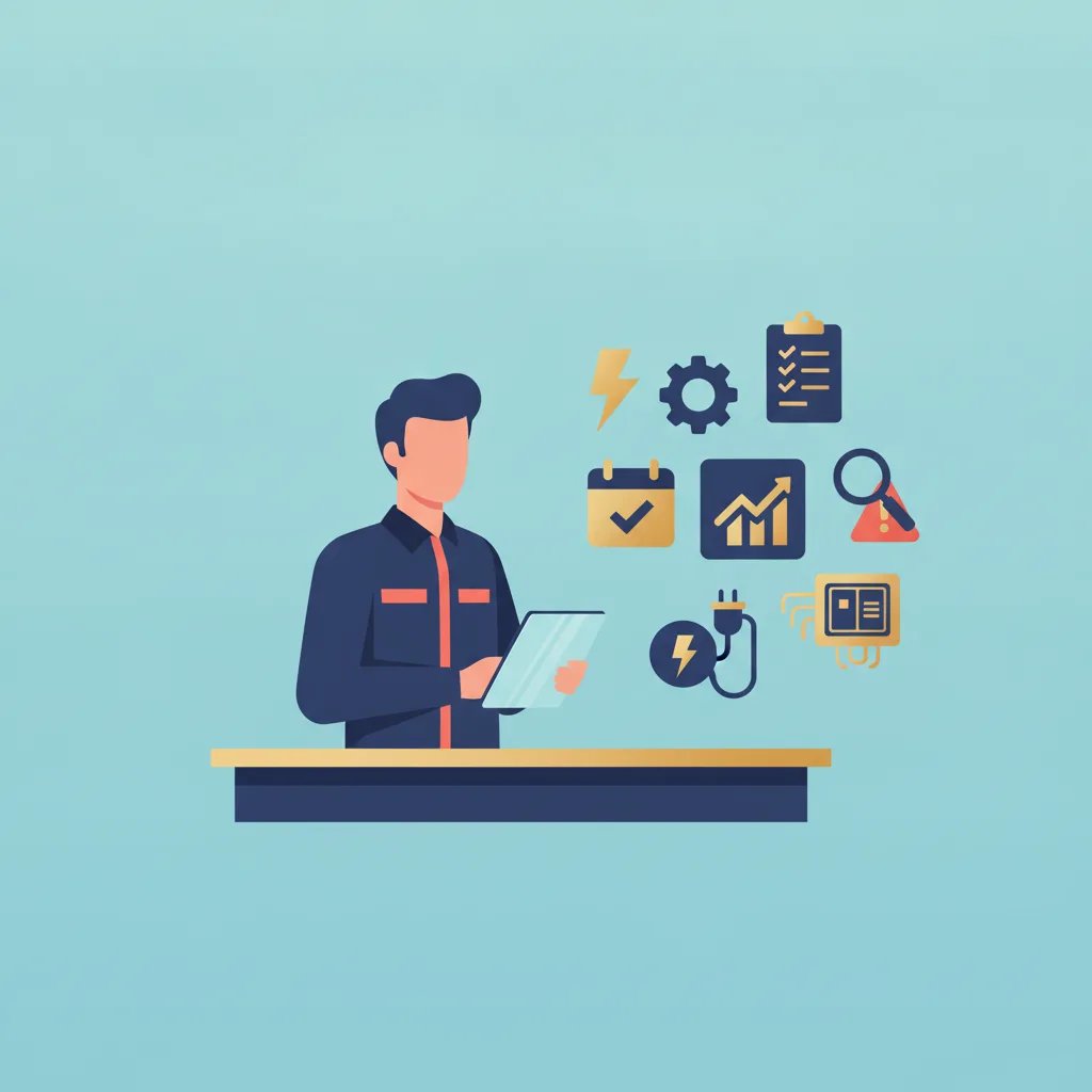 Flat vector illustration of an electrician with a tablet, surrounded by icons like a lightning bolt, gear, checklist, and EV charger.