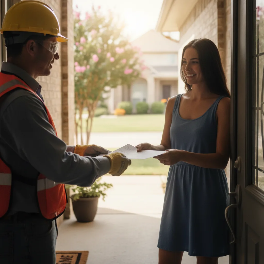 Field technician in yellow hard hat hands a paper invoice to a smiling homeowner at the front door of a suburban Texas home.