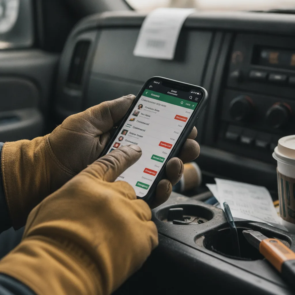 Electrician scrolling through CRM contacts on a smartphone in a work truck, showing job-type tags.