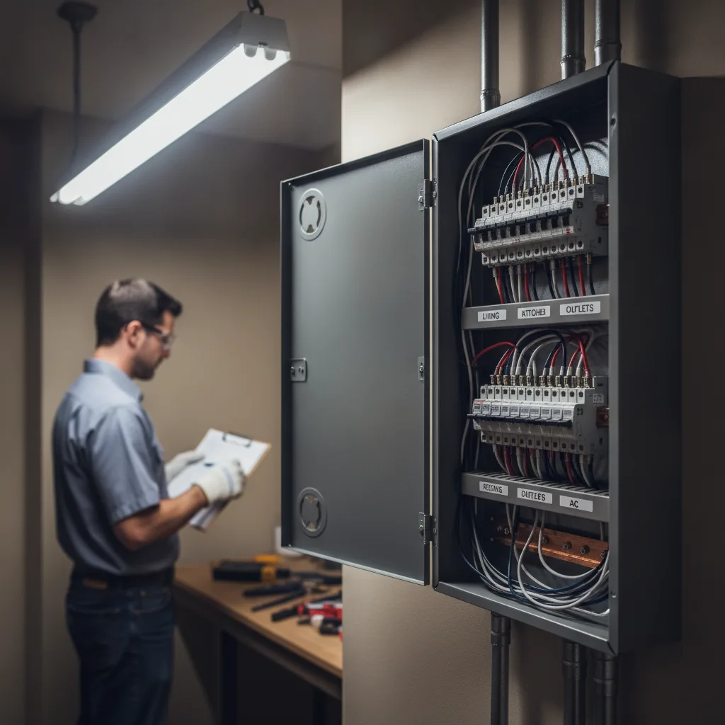 A residential electrical panel is open in a utility room, with a technician reviewing a checklist in the background.