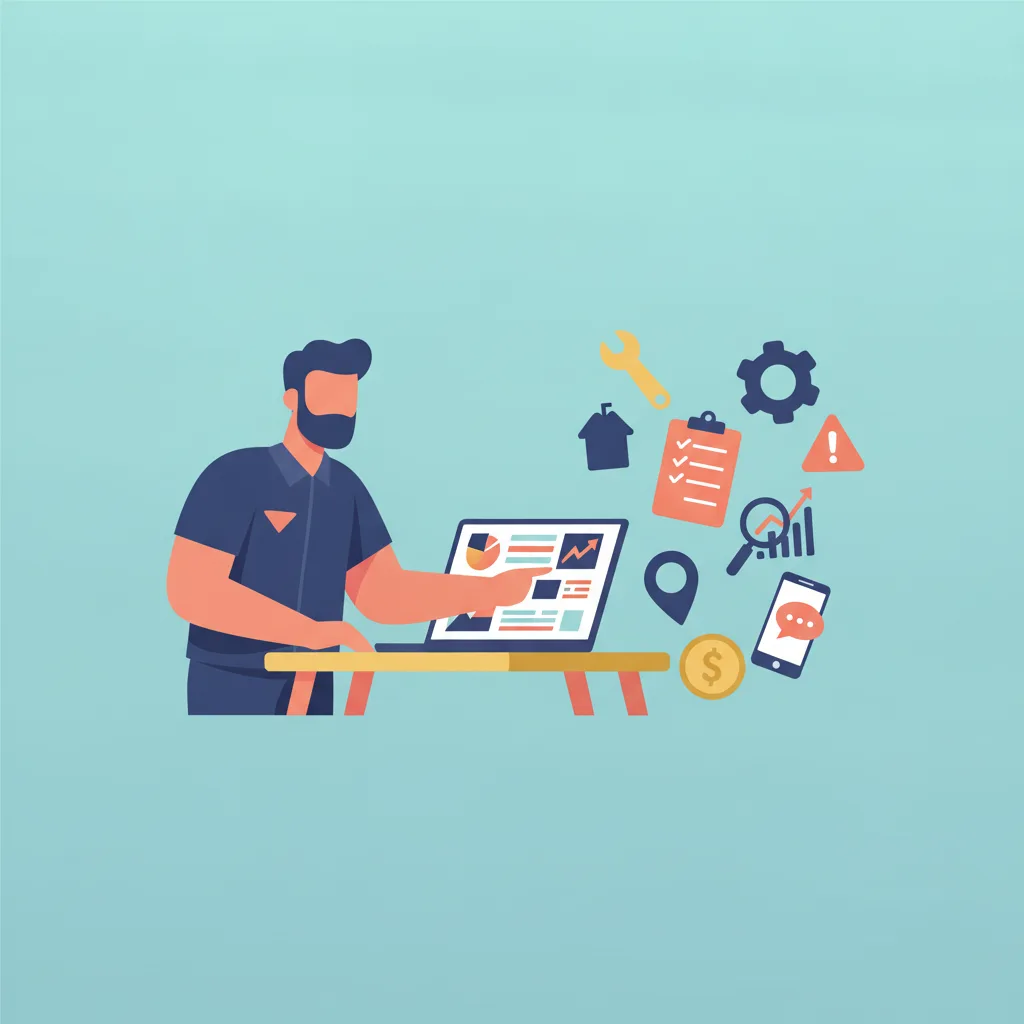 Confident plumber in a branded work shirt at a desk, looking at a laptop showing ad campaign dashboards, with floating icons.