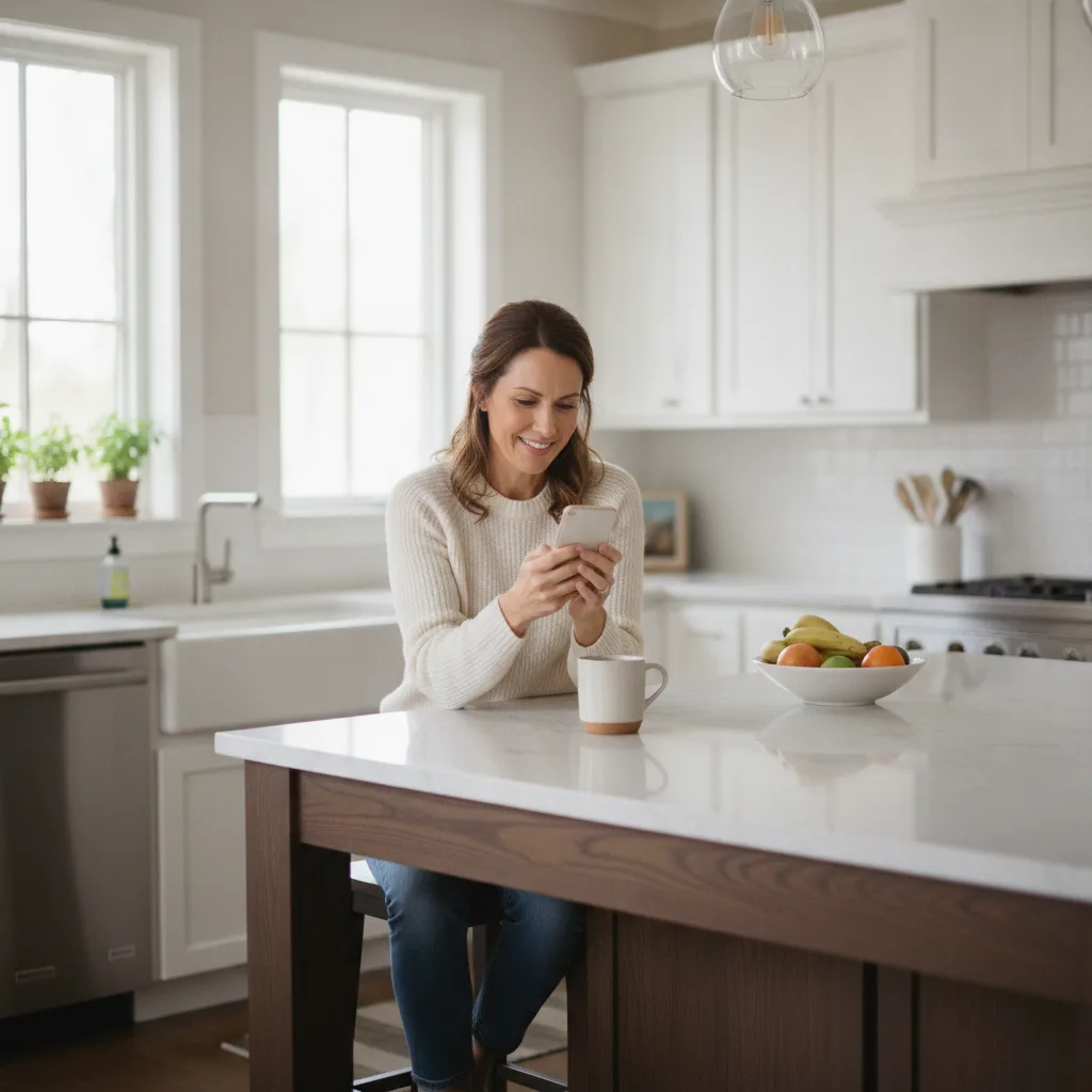 A woman in her mid-40s sits at her modern kitchen island, looking relieved and engaged while reading a text message.