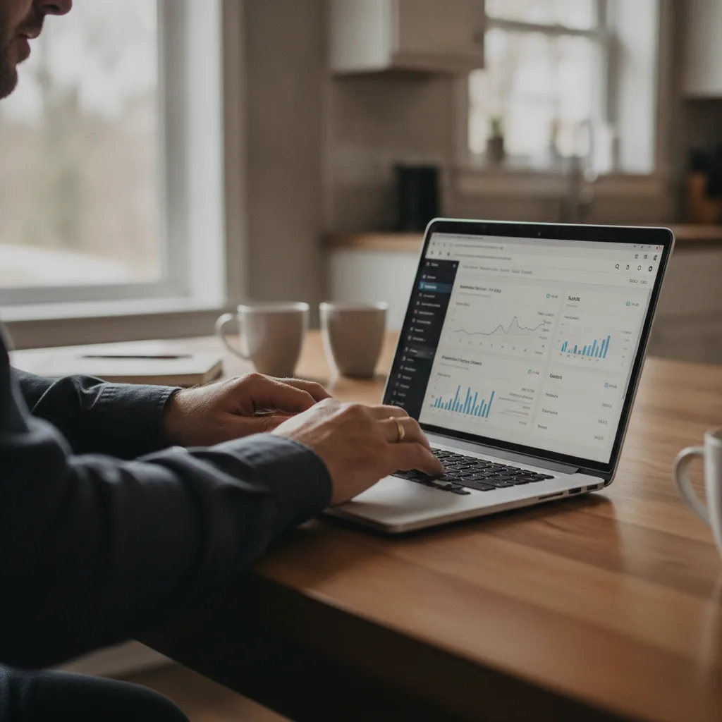 Hands of a plumbing business owner typing on a laptop at a kitchen table, Meta Ads Manager visible on screen.