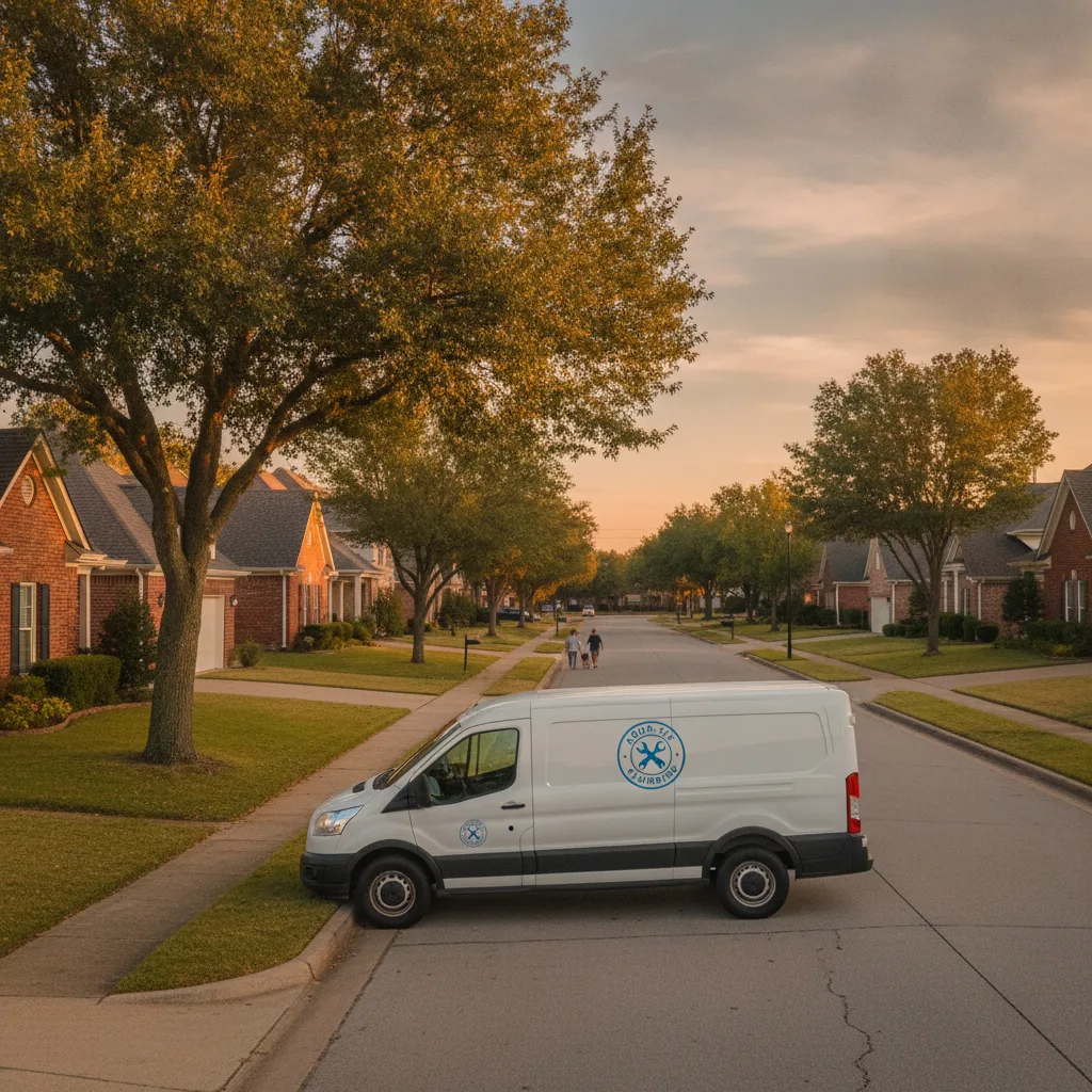 A plumbing service van with a branded logo parked on a street in a residential neighborhood at golden hour.