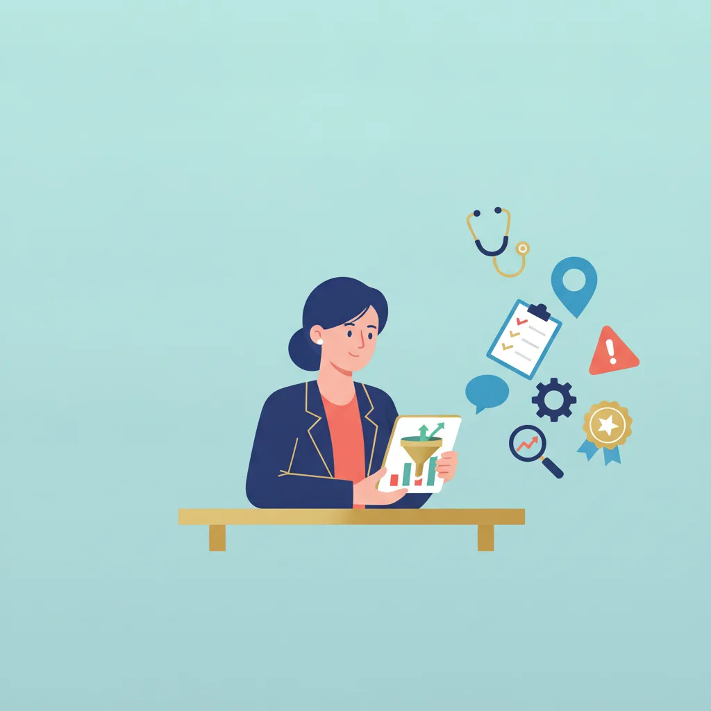 A flat vector illustration of a chiropractor-business-owner reviewing a growth funnel chart on a tablet, surrounded by business icons.