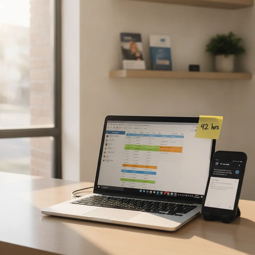 A close-up of a chiropractic front desk with a laptop displaying a patient management dashboard, a phone with an SMS, and a '42 hrs' sticky note.