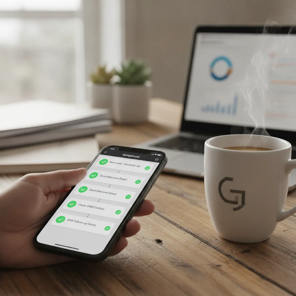 A smartphone displaying a GoHighLevel automation workflow with green status indicators, on a wooden desk next to a coffee cup.