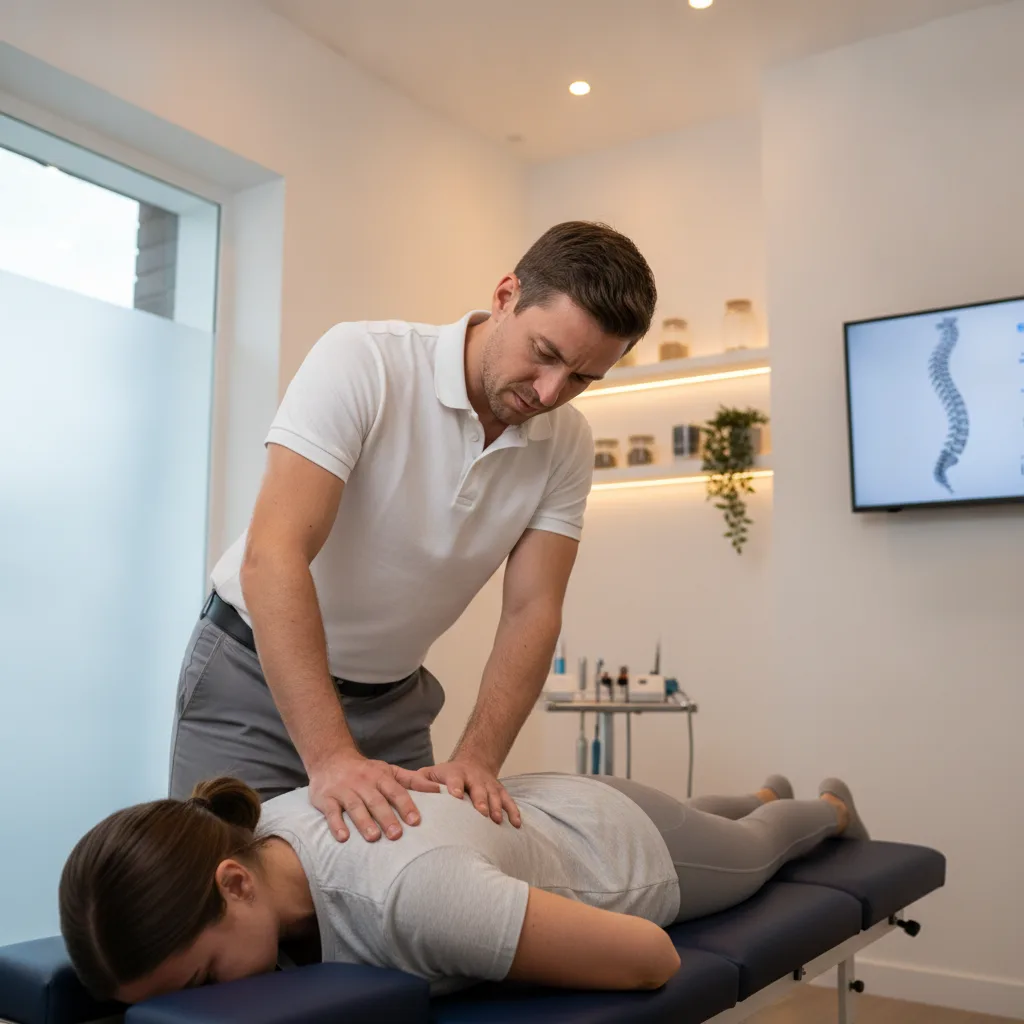 A chiropractor performing a spinal adjustment on a patient lying prone on a treatment table in a modern clinic.