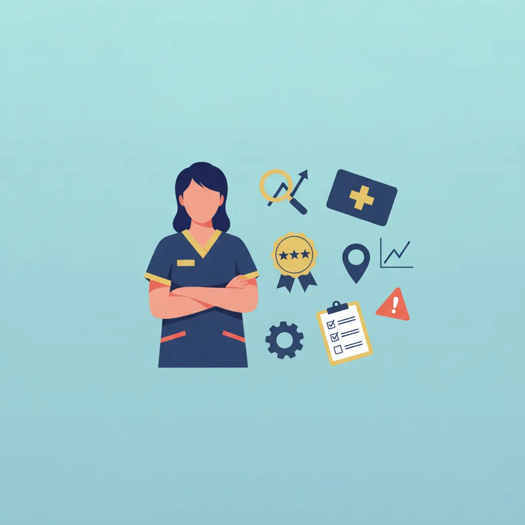 A flat vector illustration of a surgeon in scrubs, arms crossed, surrounded by medical and review-related icons.