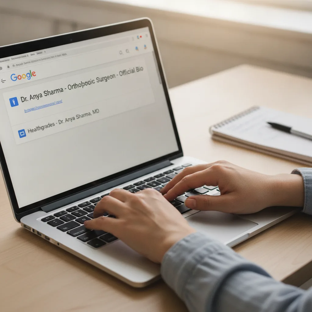Close-up of hands typing on a laptop, showing a Google search with a surgeon's bio page ranking above Healthgrades.
