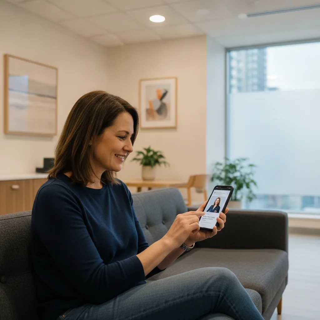 A smiling patient in a modern waiting room reviews a surgeon's bio on her smartphone, conveying confidence.