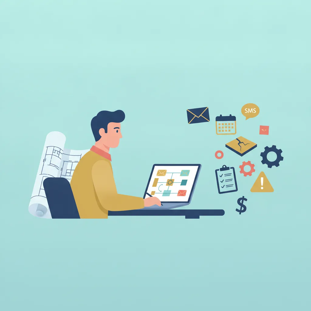 A flat, vector illustration of a foundation repair contractor at a desk reviewing an email automation workflow on a laptop.