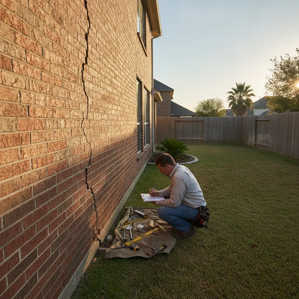 Foundation inspector crouching by a cracked brick wall in a Texas backyard, taking notes in late afternoon light.