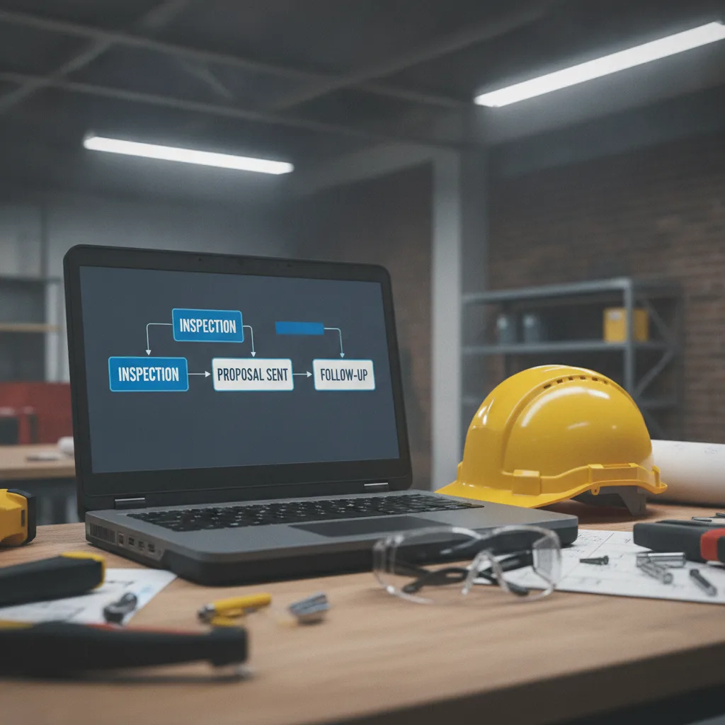 A laptop on a contractor's workbench displays an email automation workflow beside a hard hat and safety glasses.