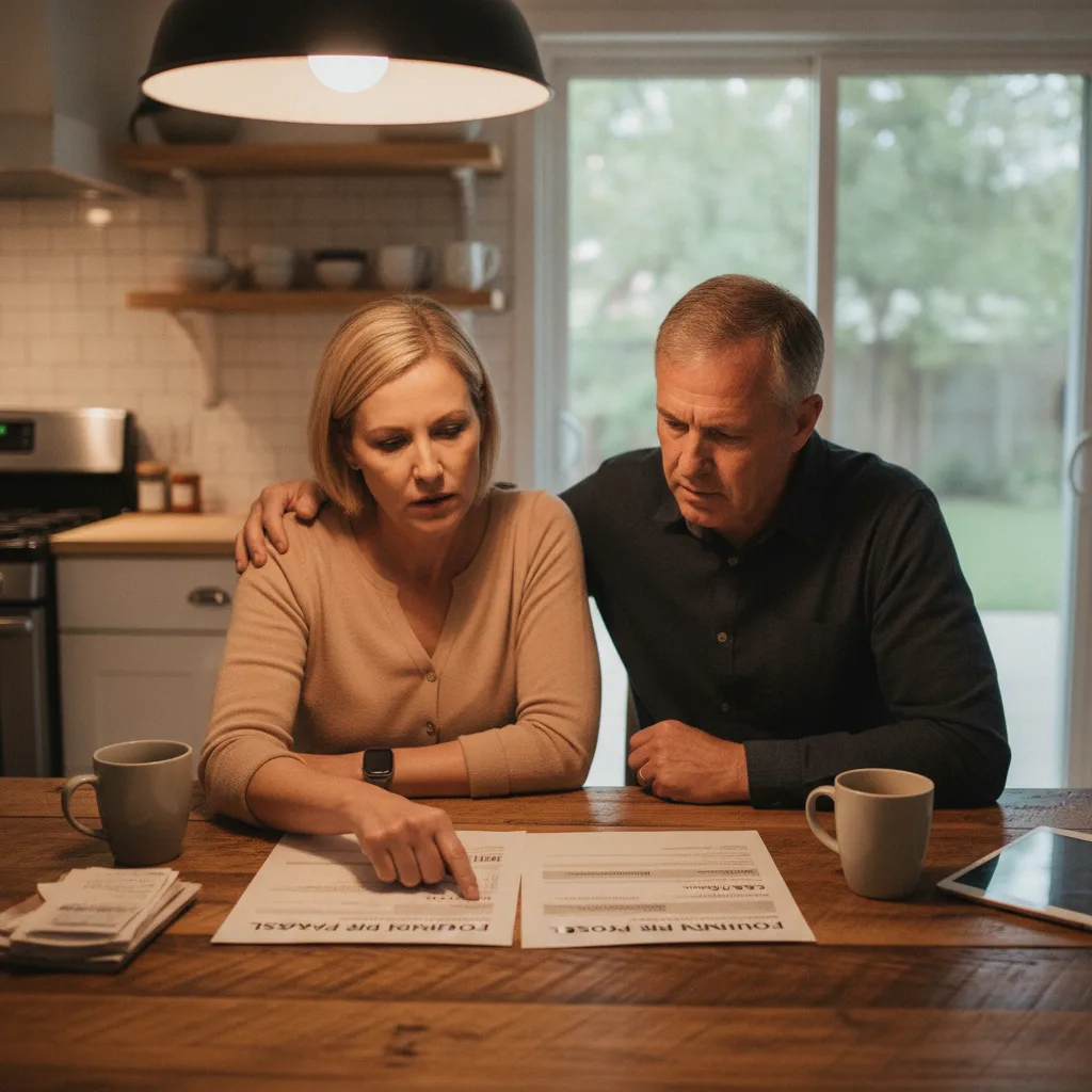 A homeowner couple reviewing a foundation repair proposal, one pointing at a financing payment figure.