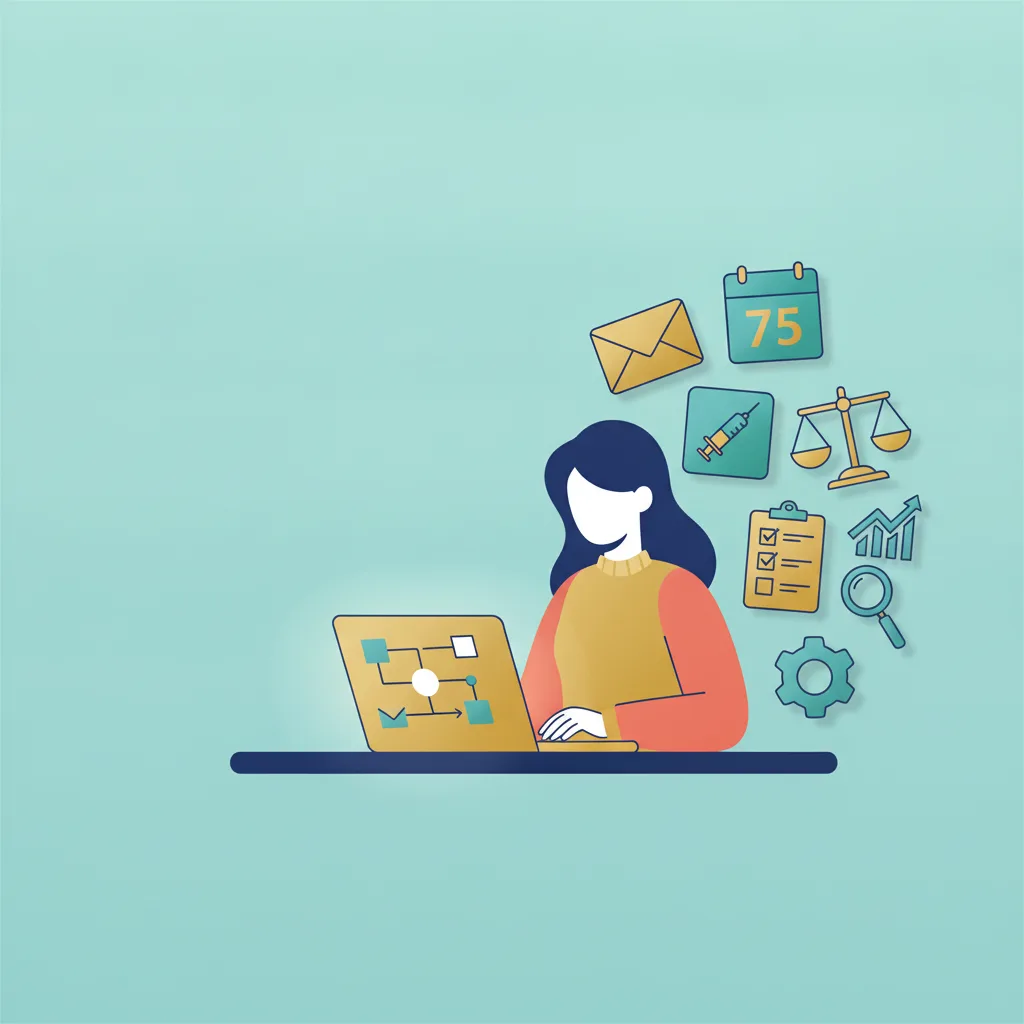 A clinic marketing professional at a desk on a laptop, with an email automation workflow and icons on a teal background.