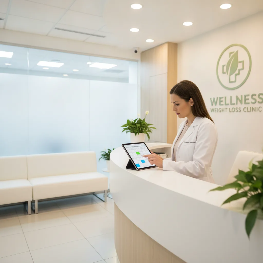 A front desk coordinator at a weight loss clinic reviews patient enrollment dates on a tablet, showing a modern medical aesthetic.