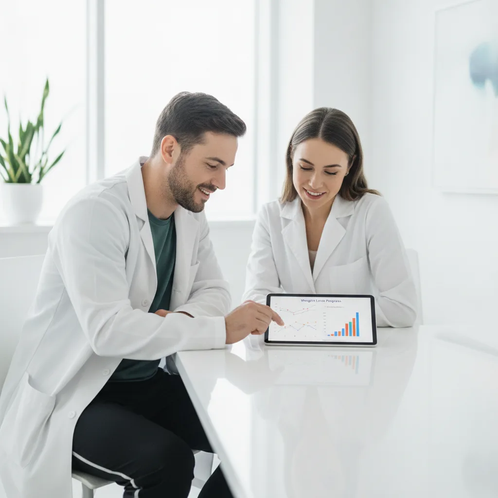 A weight loss clinic provider and patient reviewing progress data on a tablet in a bright, clinical setting.
