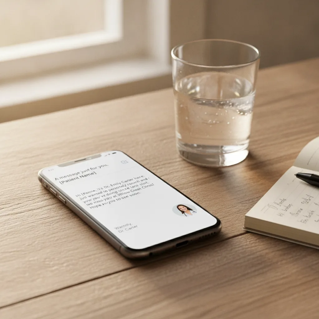 A smartphone on a wooden desk displays a patient retention email with a doctor's personal message, beside water and a notebook.