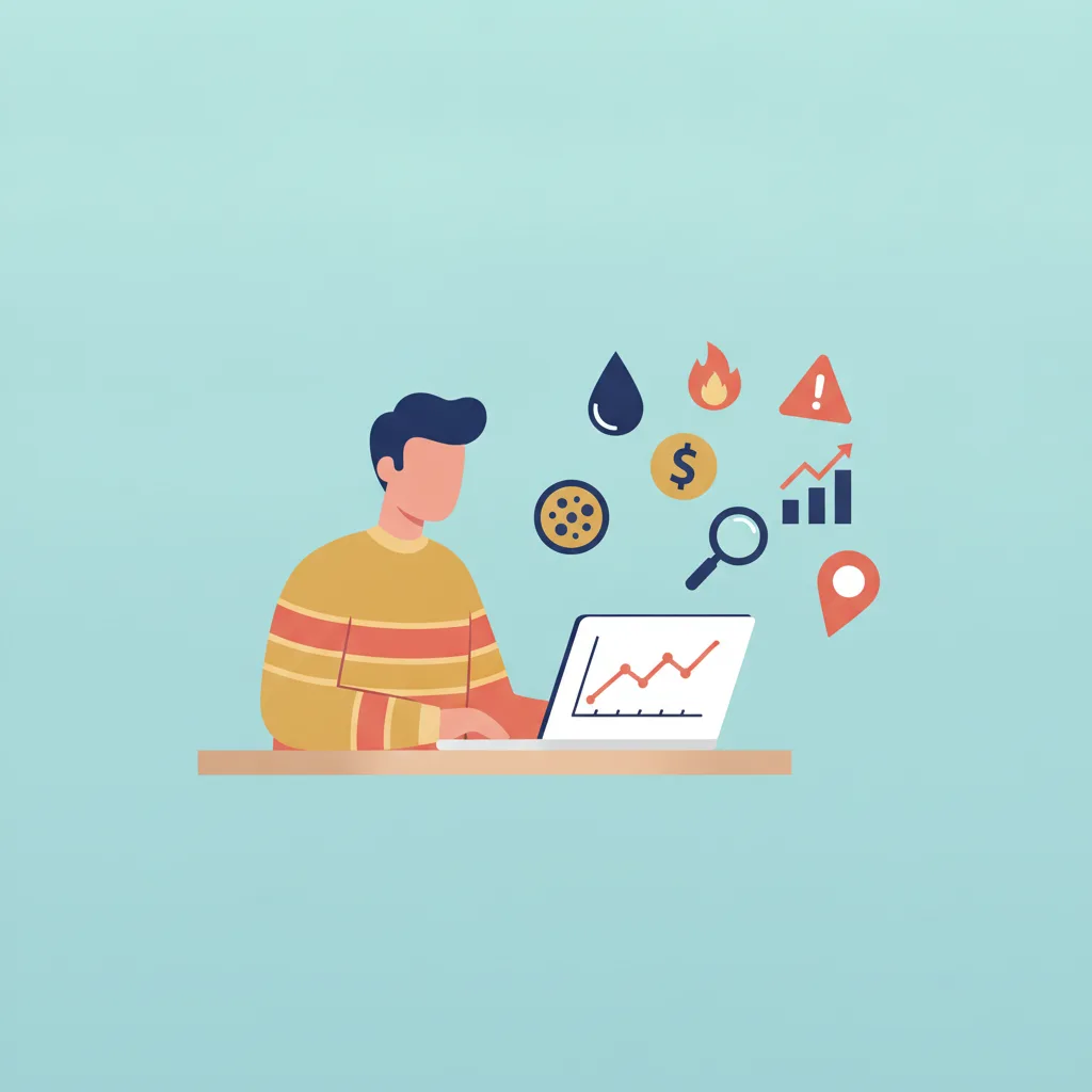 A restoration business owner reviews a pricing chart on a laptop, surrounded by icons including water, fire, mold, money, and a map pin.