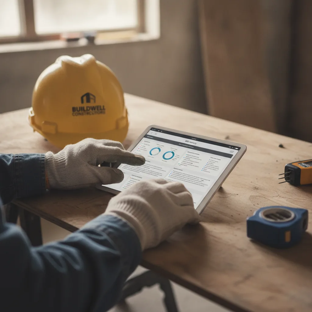 Contractor's hands on a tablet reviewing an SEO agency proposal on a job-site desk with a hardhat and moisture meter.