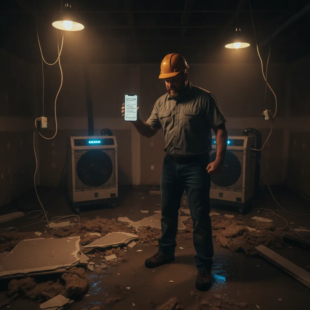 A frustrated contractor in a water-damaged basement, looking at a phone showing a large SEO agency invoice.
