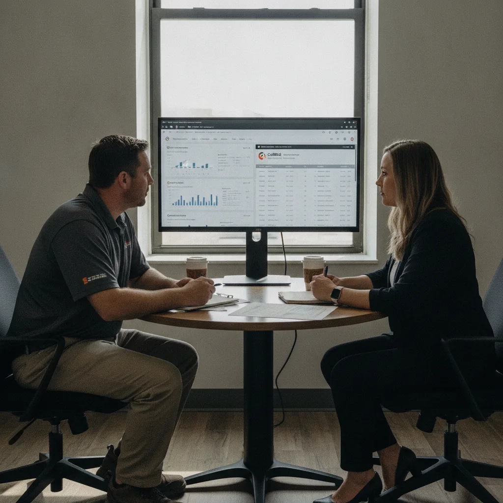 Two business professionals review a CallRail report on a monitor at a small conference table in a modern office.