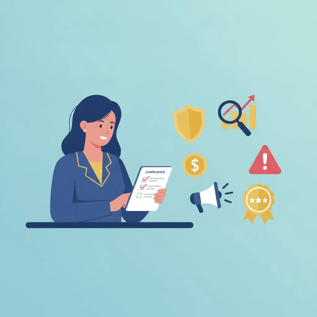 Flat vector illustration of a plastic surgeon at a desk reviewing a compliance checklist on a tablet, with floating icons.