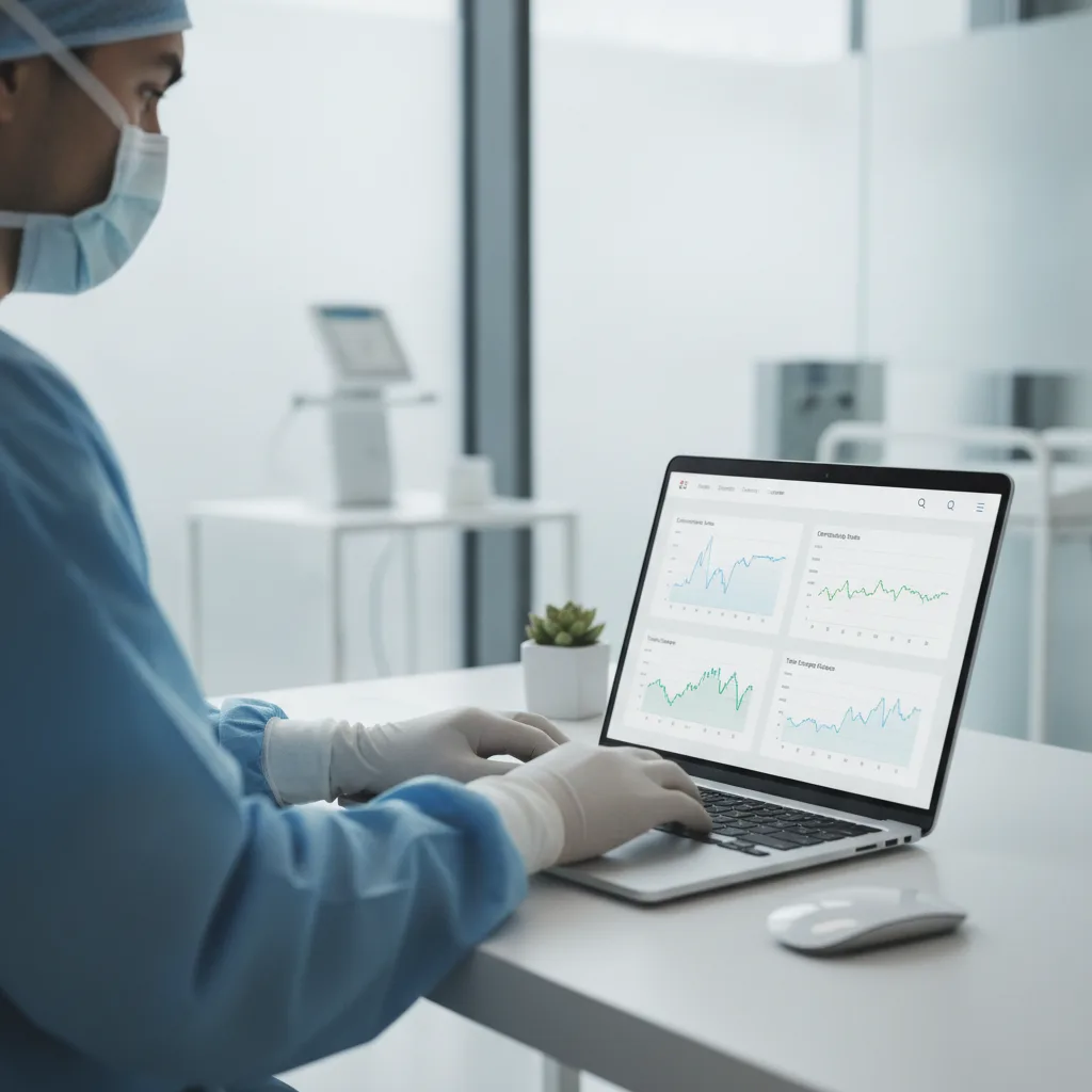 A close-up of a surgeon in scrubs and gloves typing on a laptop displaying website analytics in a modern office.