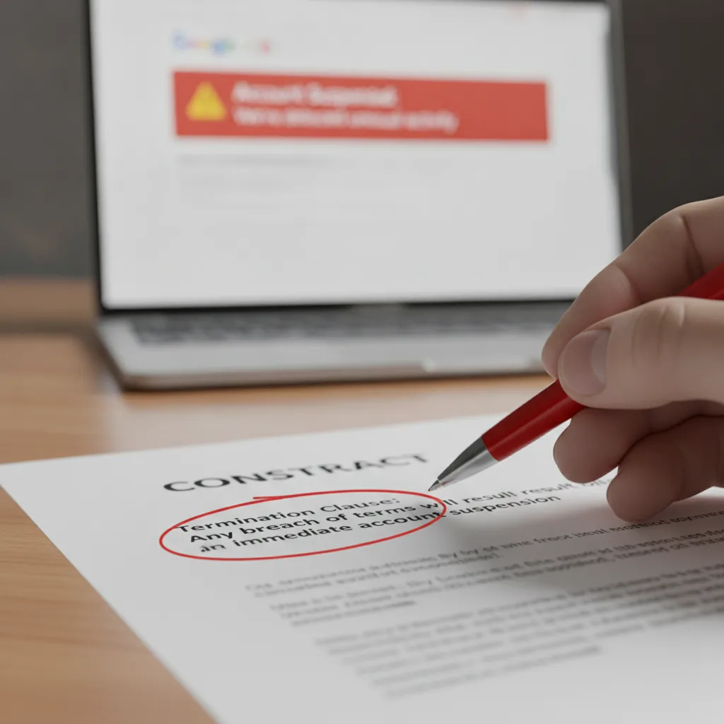 A close-up of a contract document with a red pen circling a "Termination Clause," and a laptop showing a suspended account.