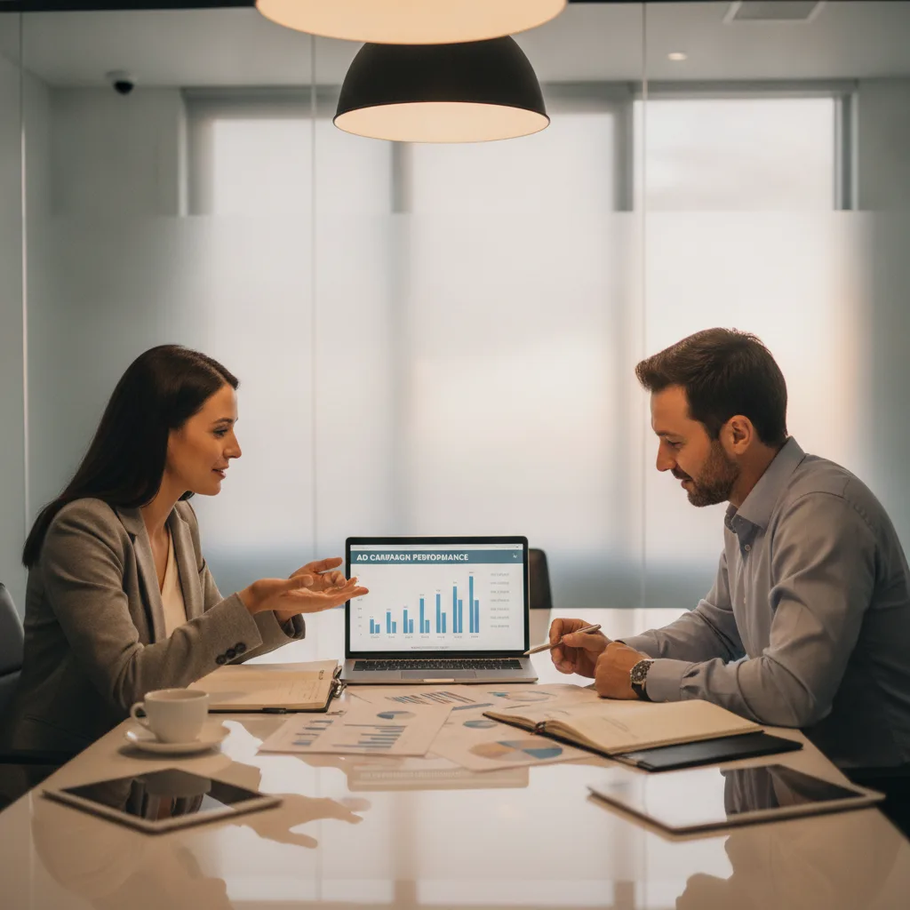 A marketing strategist and a plastic surgeon review ad campaign performance data in a modern office.