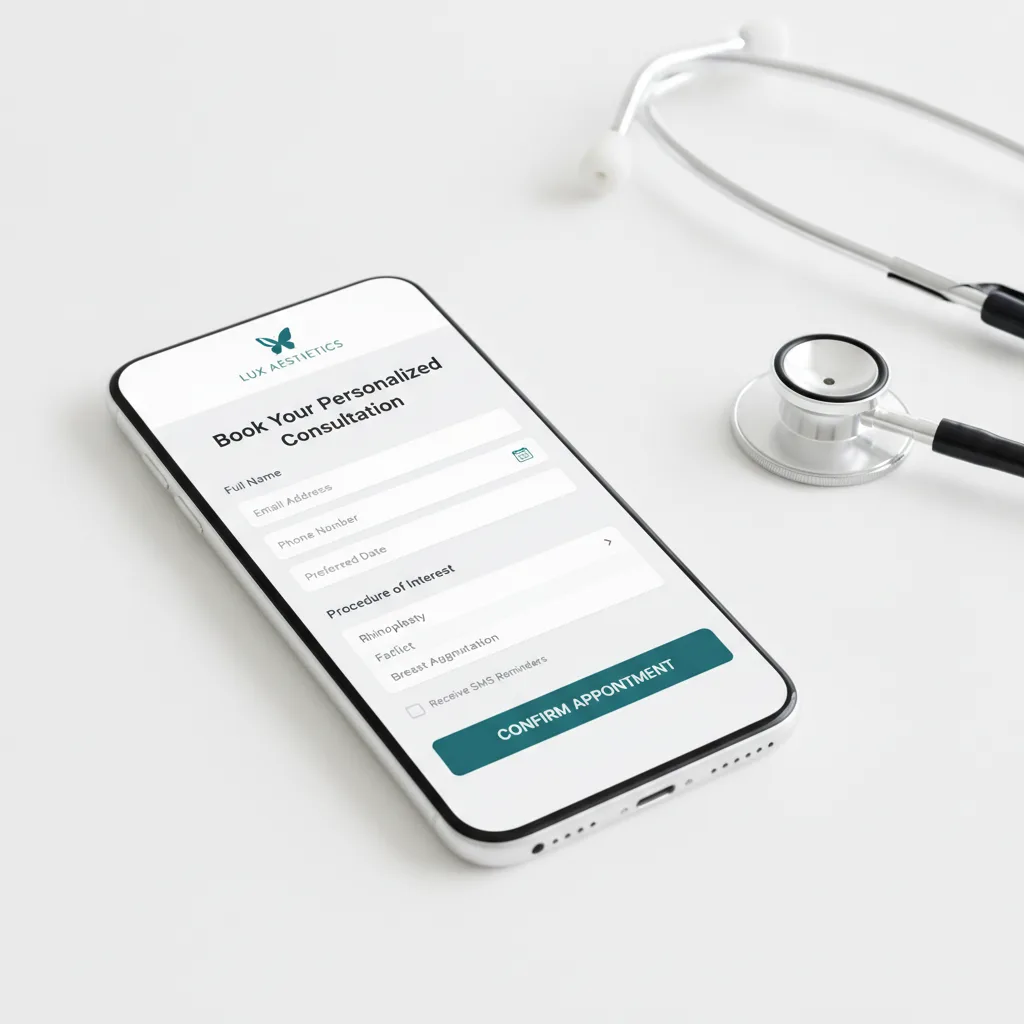 A smartphone displaying a cosmetic surgery consultation booking form with a prominent call-to-action button, next to a stethoscope.