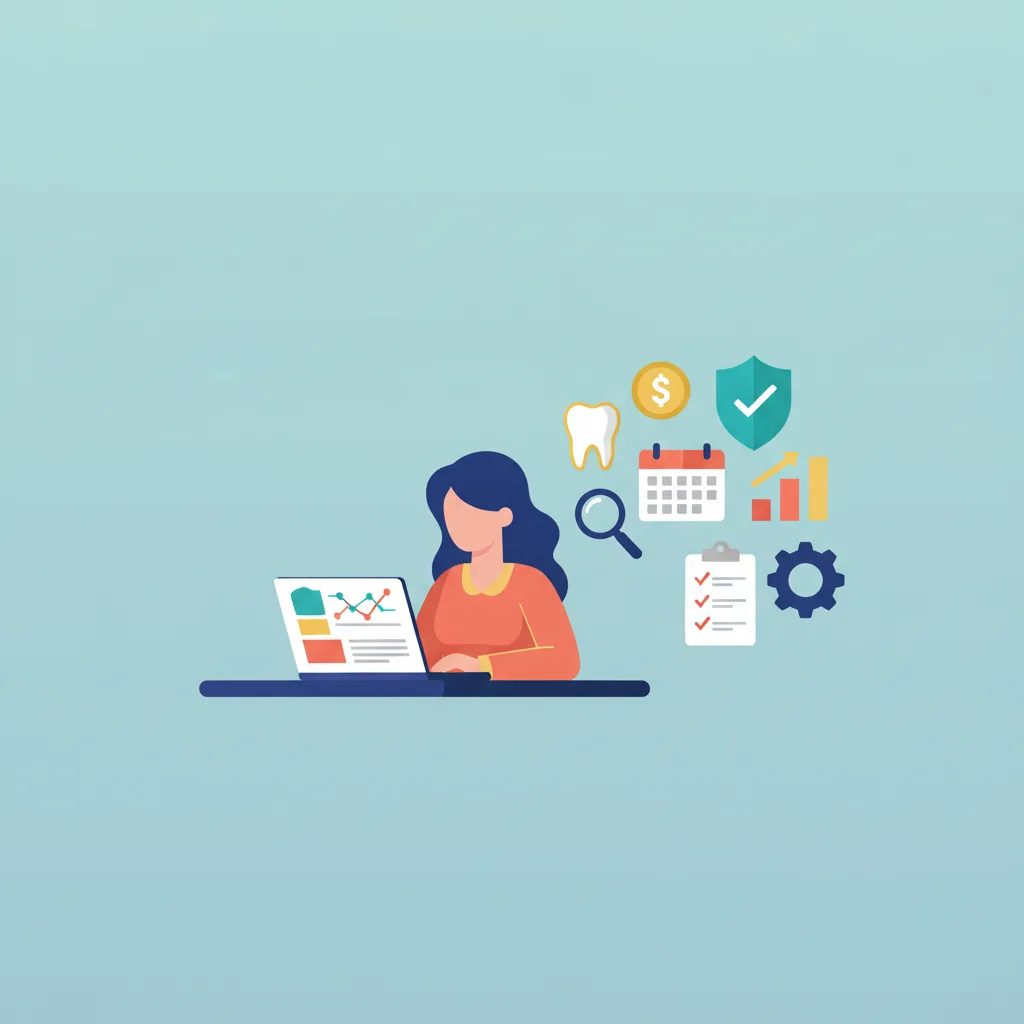 A flat vector illustration of a dental practice owner at a desk with a laptop, surrounded by business icons.