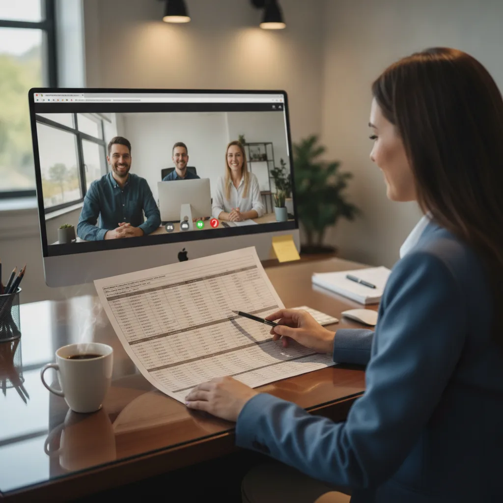 Dental office manager on video call, reviewing cost-of-ownership spreadsheet with web design agency team.