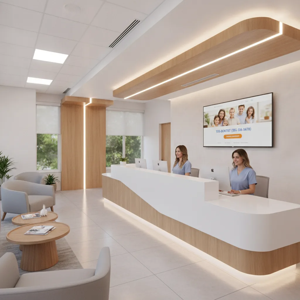 A modern dental office reception area with a sleek white and wood front desk, two receptionists, and a TV displaying a dental website.