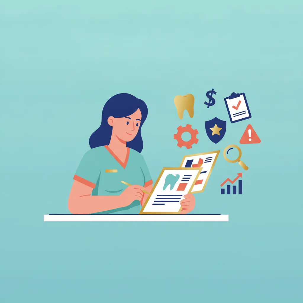 Dental professional in scrubs reviewing dental records, surrounded by icons for costs, operations, security, and growth