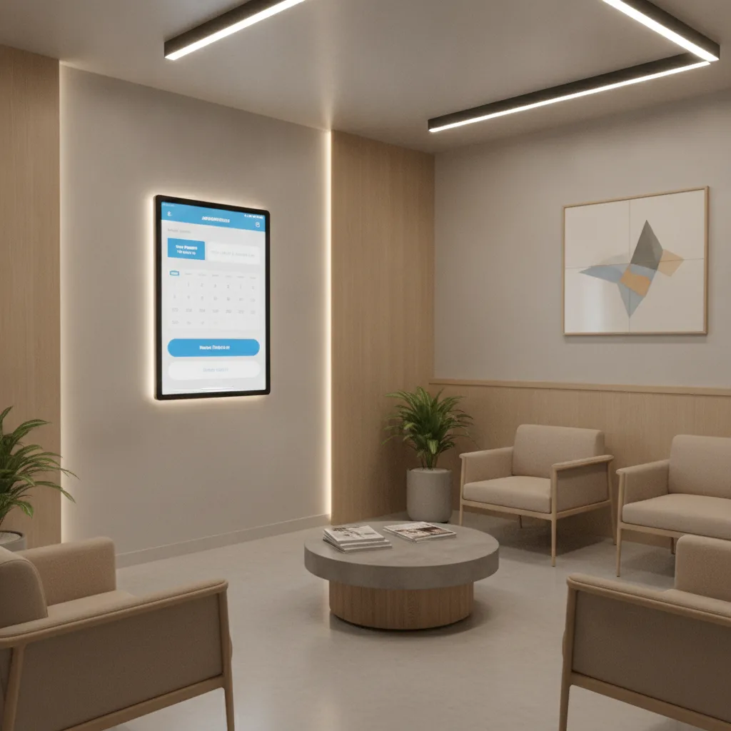 A modern dental practice waiting room with a wall-mounted tablet displaying an appointment booking interface.