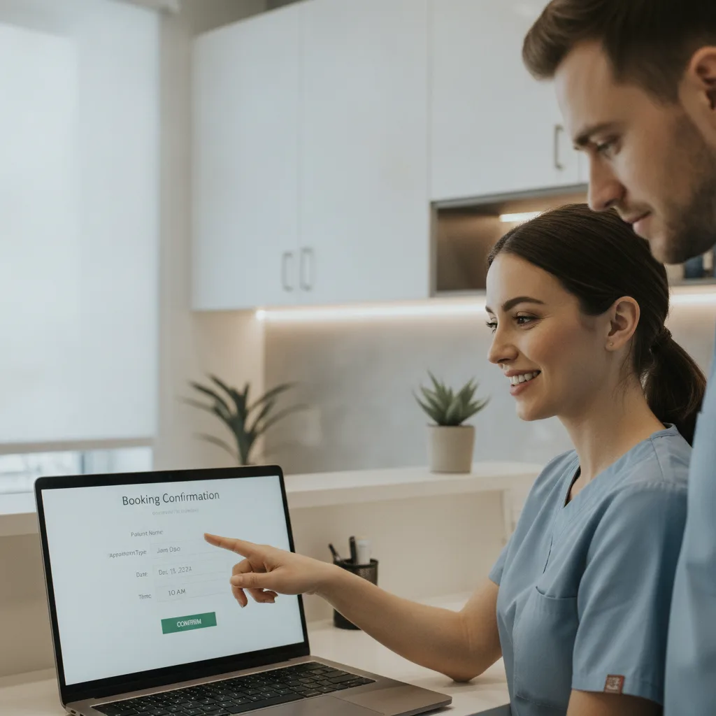 Dental front-desk staff member pointing at a laptop screen showing a booking confirmation widget, in a modern dental office.
