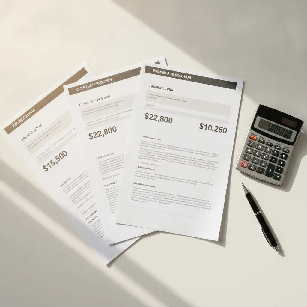 Overhead shot of website proposal documents with dollar figures, a calculator, and a pen on a white desk under warm light.