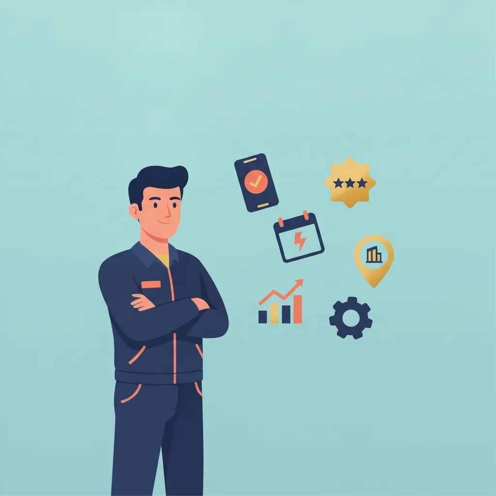 A confident plumber in a navy uniform standing center, arms crossed, surrounded by 6 floating icons: a phone with a checkmark, a 5-star review badge, a calendar with a lightning bolt, a Google Ads log