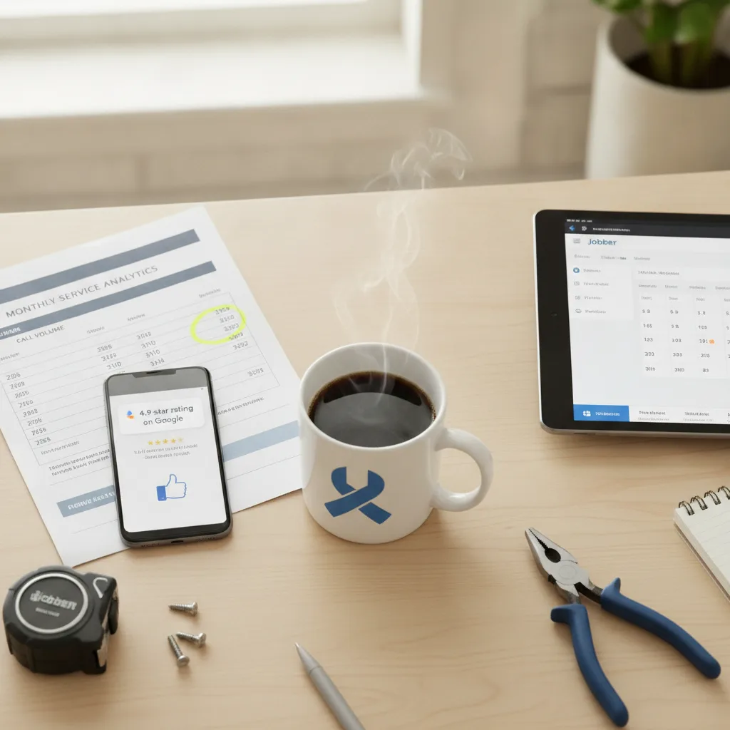 A plumber's desk with a smartphone showing a 4.9-star Google review, a monthly report, coffee, and a Jobber app on a tablet.
