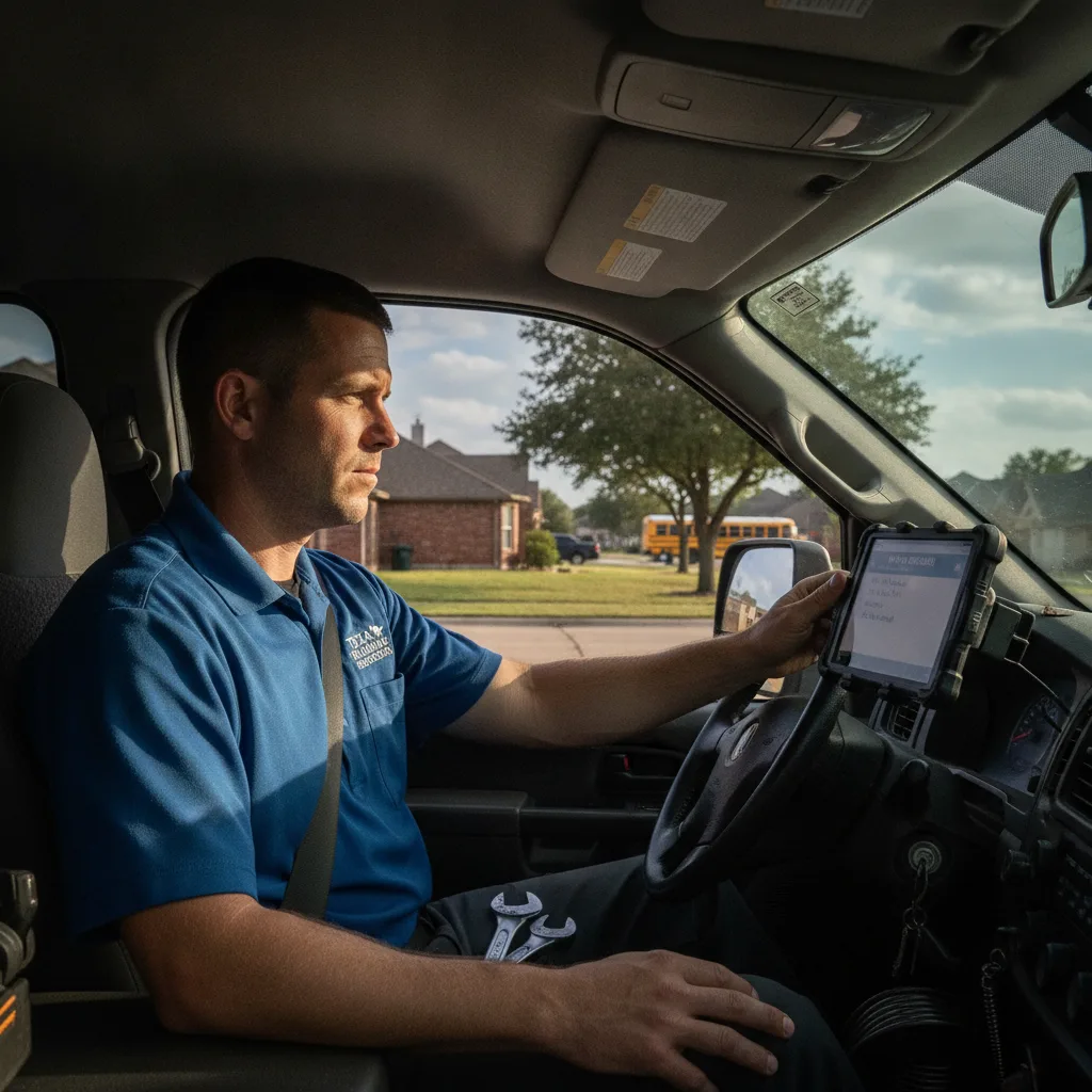 A plumbing technician in a service truck looks at a tablet displaying a new appointment, morning light, Texas neighborhood.