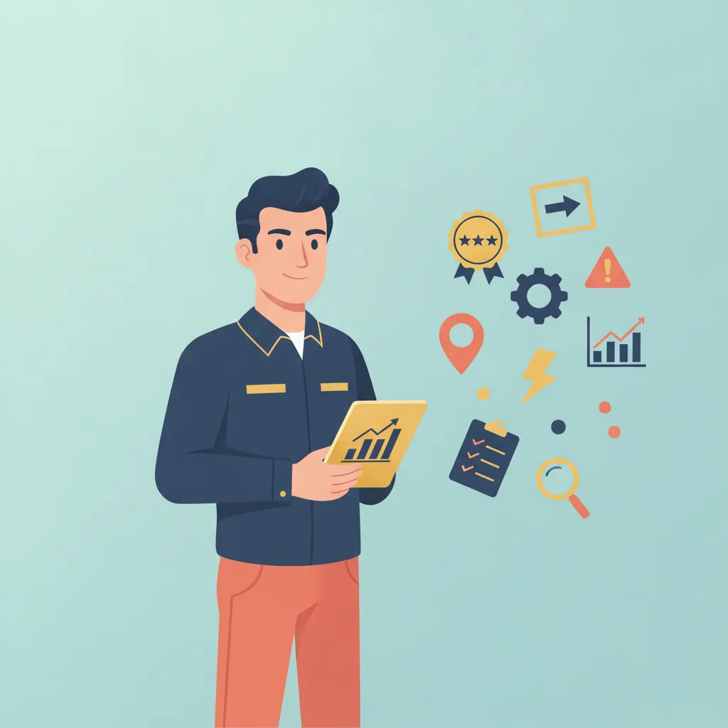 Flat vector illustration of a male electrician holding a tablet, with a cluster of marketing and service icons to his right.