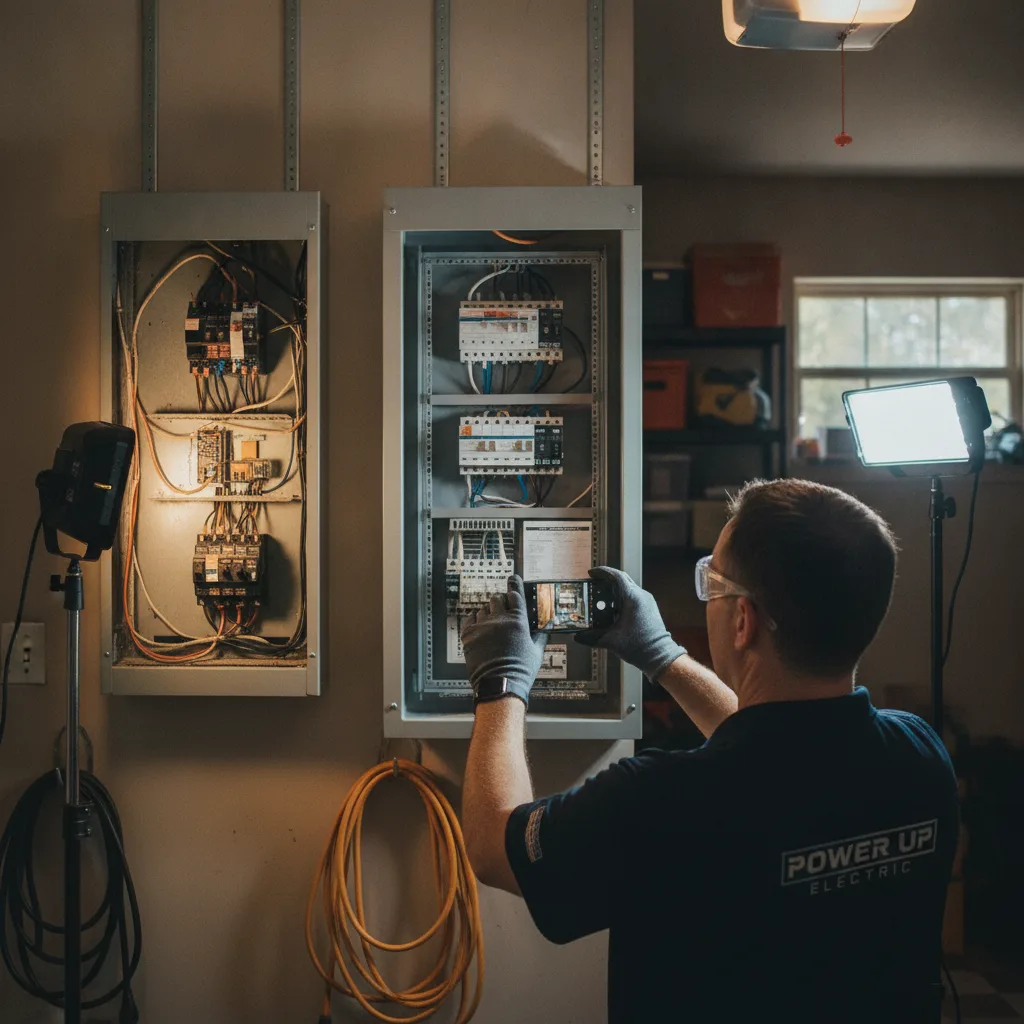 An electrician photographs a newly upgraded 200-amp electrical panel in a residential garage, showcasing before and after.