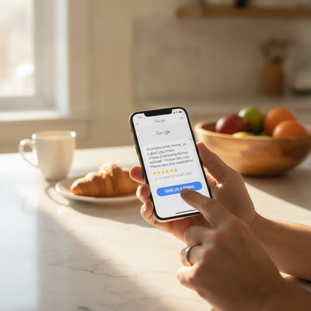 Homeowner's hand holding a smartphone displaying a five-star Google review request text message, kitchen counter background.