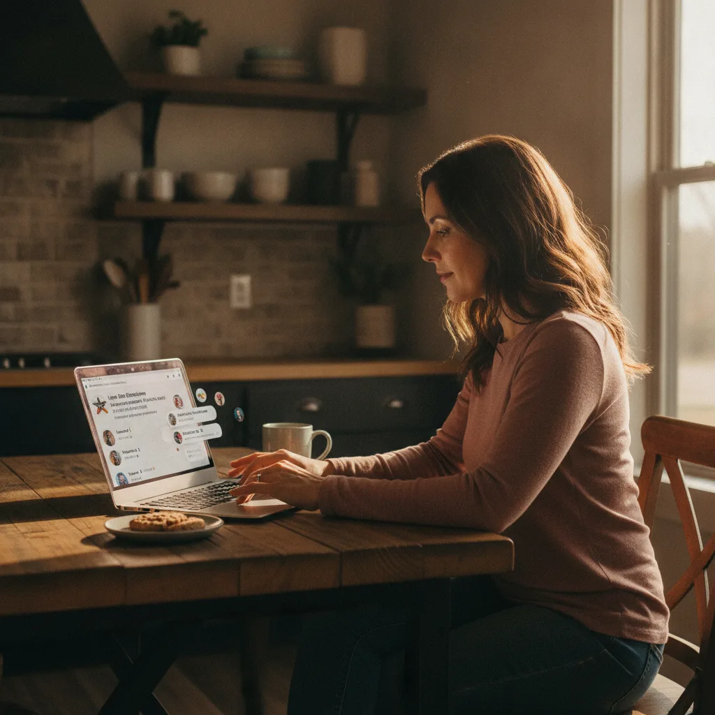 A Texas homeowner sits at a kitchen table, scrolling through a neighborhood Facebook group on a laptop in warm light.