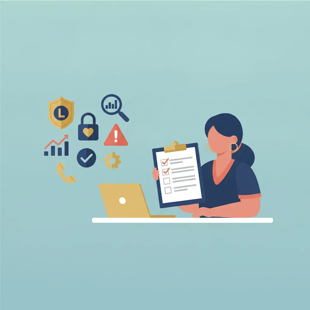 Vector illustration of a woman at a desk holding a clipboard, with compliance and digital icons floating around her.