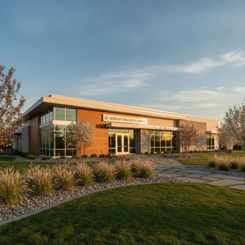 A modern, single-story behavioral health facility at golden hour, with manicured landscaping and a clear blue sky.