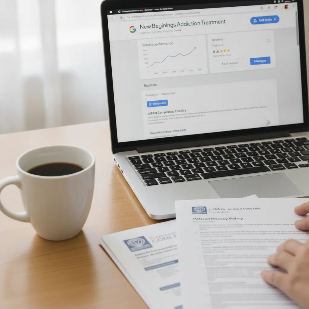 Laptop with addiction treatment center Google Business Profile, coffee, and HIPAA compliance documents on a desk.