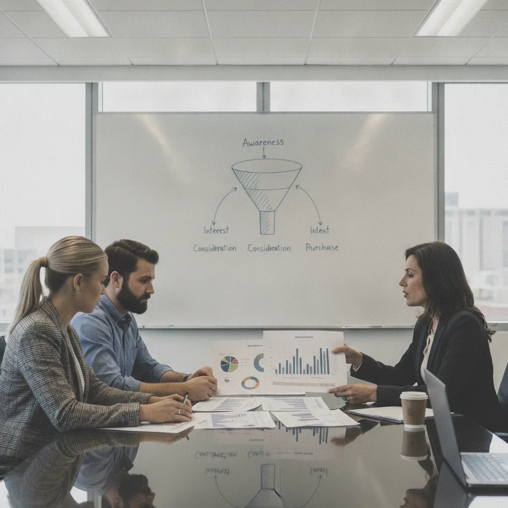 Two marketing professionals meet with a CMO, reviewing analytics reports in a conference room with a funnel diagram on a whiteboard.